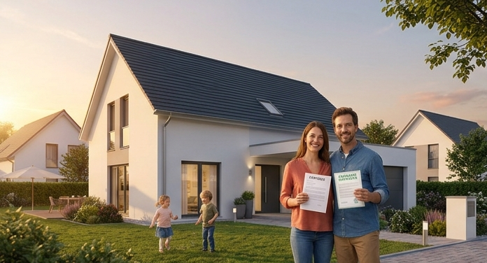 Famille devant sa nouvelle maison, dossier de prêt en main